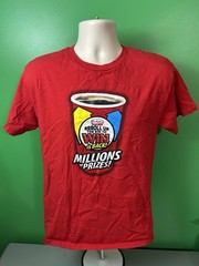 TIM HORTONS Coffee T-Shirt Medium Red Employee Work Uniform 2014 Roll Up The Rim