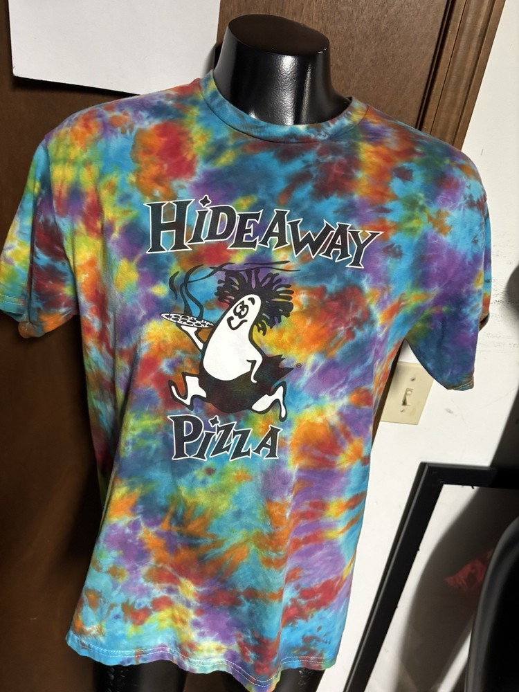HIDEAWAY PIZZA Tiedye T SHIRT L Large Colorful Rainbow Peace Love Ranch Cotton