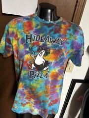 HIDEAWAY PIZZA Tiedye T SHIRT L Large Colorful Rainbow Peace Love Ranch Cotton