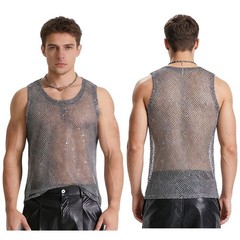 Men Tank Mesh Fabric Top Sparkly Vest Fashionable Clubwear Nightclub Fishnet