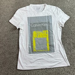 Calvin Klein Shirt Mens Small White Gray Square Block Short Sleeve Casual FLAW