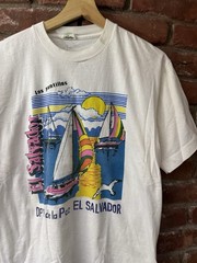 Vintage 80s 90s El Salvador Tourist Tee Shirt M Sail Boat Bird Landscape