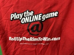 TIM HORTONS Coffee T-Shirt Medium Red Employee Work Uniform 2014 Roll Up The Rim