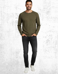 Men’s Seasalt Striped Long Sleeve Top Crew Neck Easy Fit Cotton Khaki Navy Strip