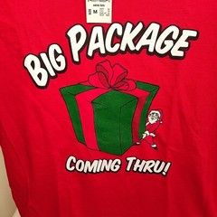 Funny Unisex T Shirt Medium Red Christmas Themed “Big Package Coming Thru!”