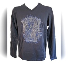 Andres Velasco Mens L Long Sleeve Graphic V-Neck Gray Y2K Clubwear Retro 90s