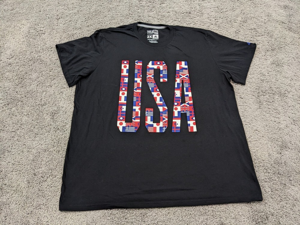 Adidas T Shirt Mens 2X USA Tee Black Red White Blue Patriotic Flag Climalite