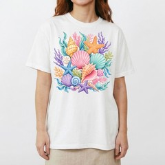 Colorful Seashells Coral Starfish T-Shirt Ocean Beach Summer Tee