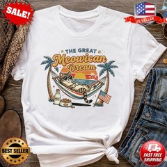 Funny Cat Graphic Tee, Patriotic Cat Hammock Shirt, Retro Beach T-Shirt | S-5XL