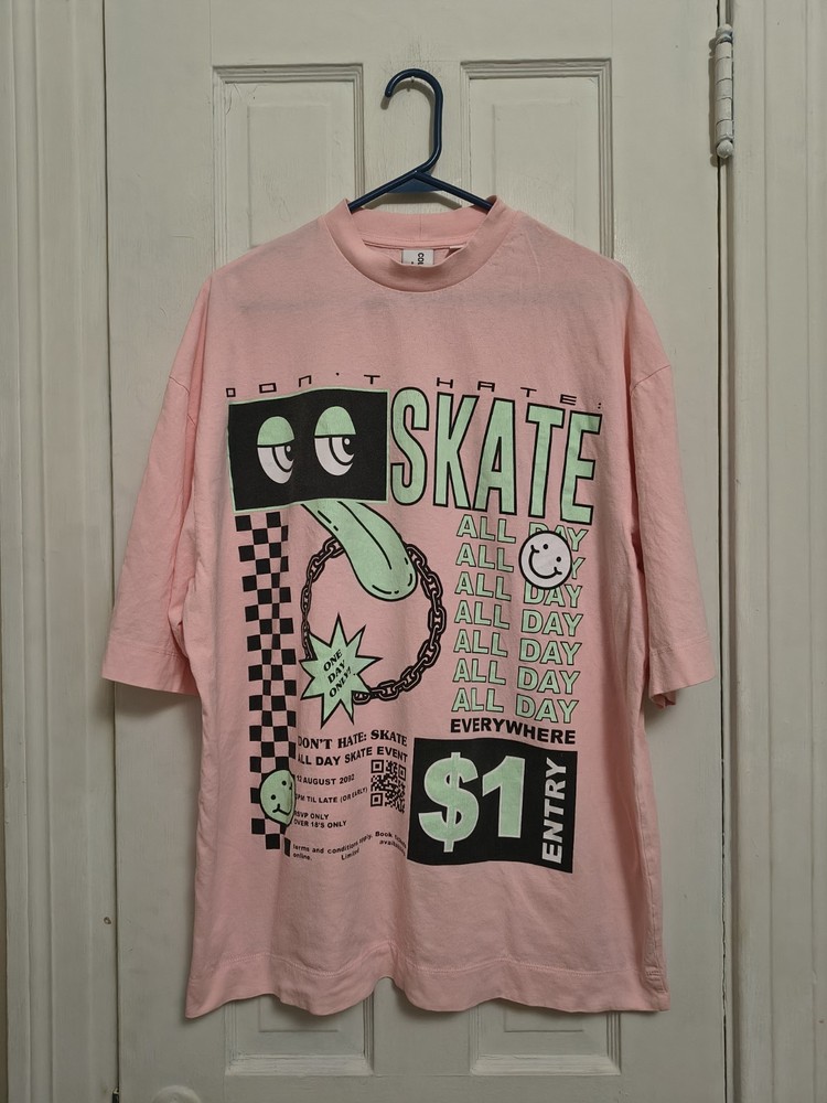 COLLUSION L Pink Skating Ring T Shirt Tee Top Unisex ASOS Streetwear Skater C8