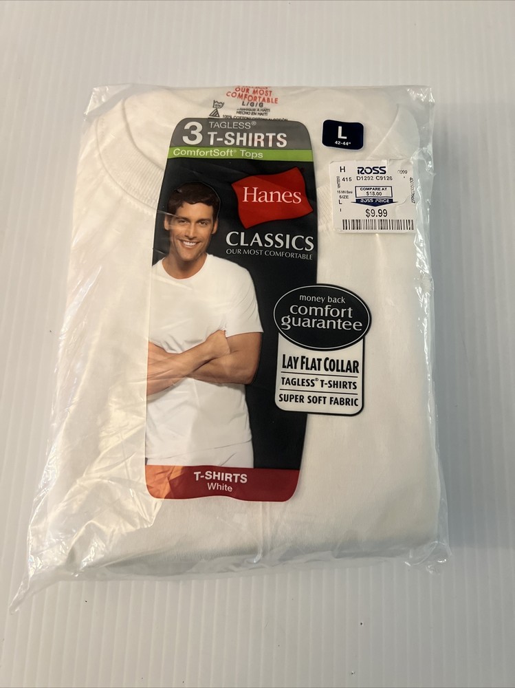 2010 Hanes Classic Tagless 3 pack T-Shirt Comfort Lay Flat Collar Tagless NEW