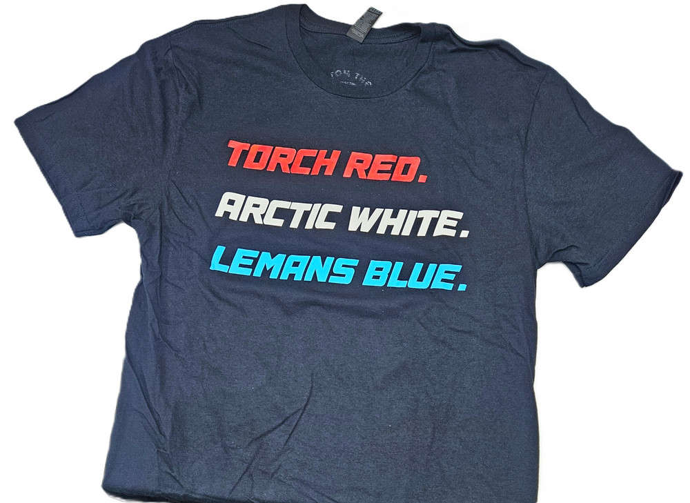 Corvette Themed T-shirt; Red, White and Blue; Torch Red, Arctic White and Lemans