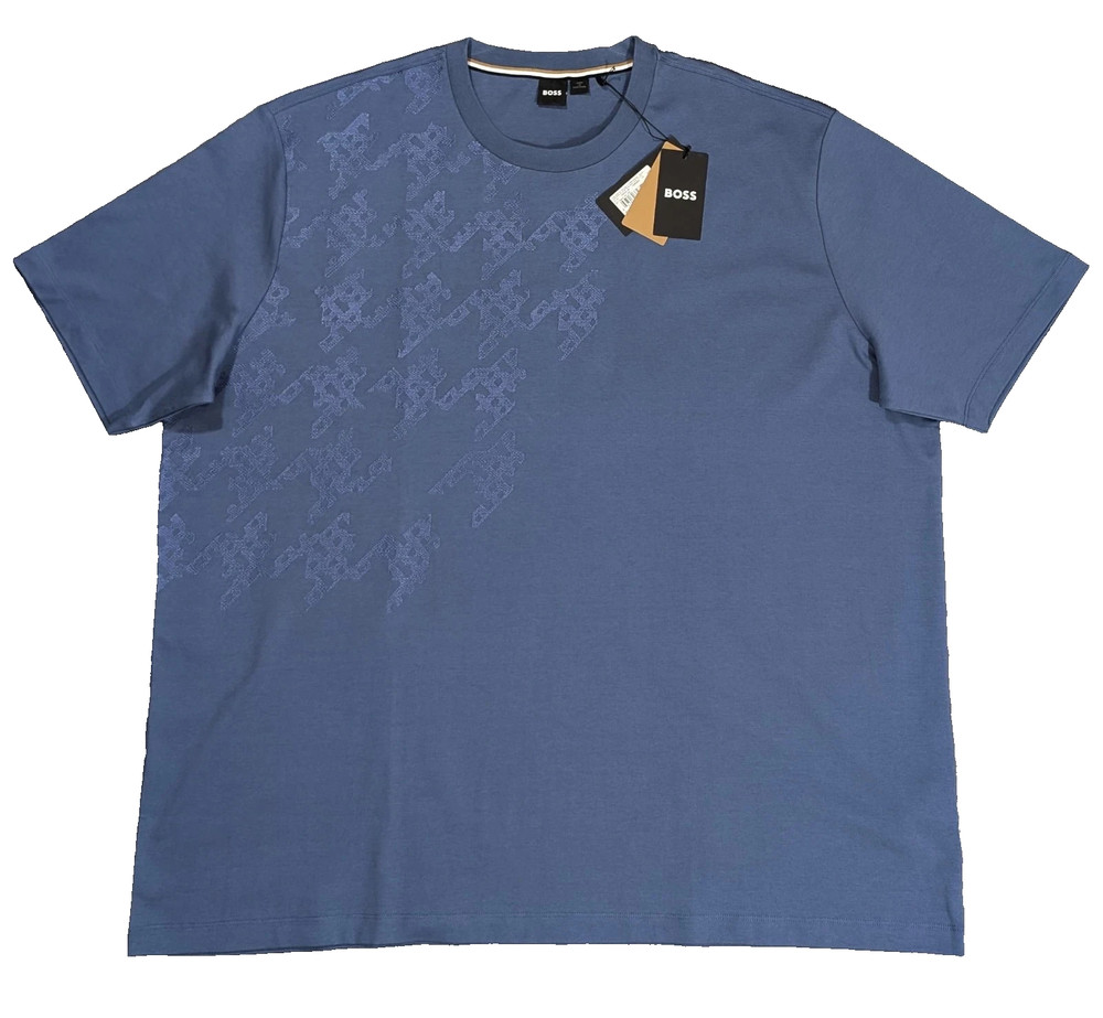 NWT HUGO BOSS Tessin 24 Satin Houndstooth Stitch Graphic T-Shirt Blue BIG & TALL
