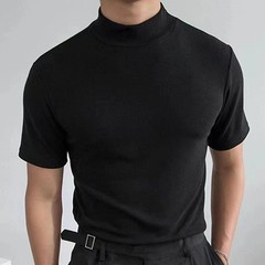 Men’s Summer Tight Fashion High Collar Solid Color Short Sleeve T-shirt Top