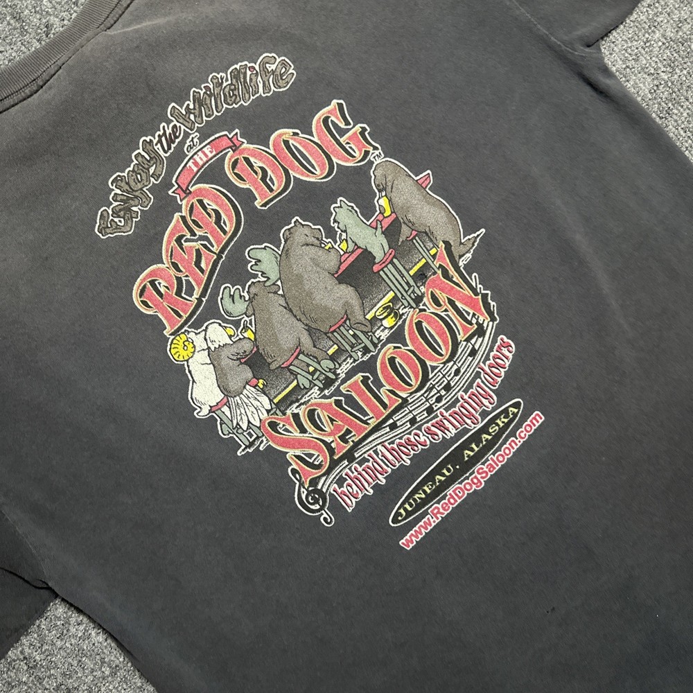 Red Dog Saloon Shirt Mens XL Black Alaska Wildlife Bar Graphic Tee Distressed