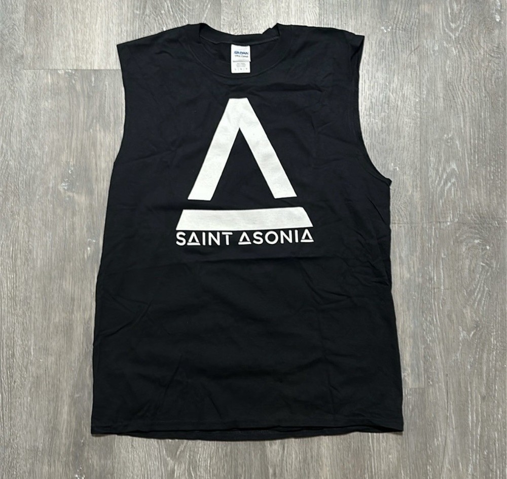 NWOT Men’s Black Gildan Saint Asonia Sleveless logo Tank Muscle Tee size M & L