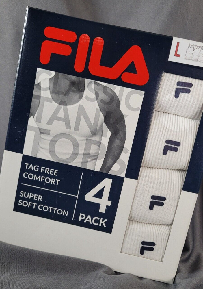 FILA 4 Ribbed Tank Tops L White Soft 100% Cotton Tag-Free Classic Fit SHIPS FREE