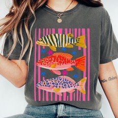 Preppy Coastal Fish Shirt Colorful Summer Graphic Tee Vacation Aesthetic