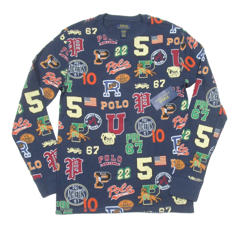Polo Ralph Lauren Men’s Navy Letterman Print Waffle Knit Thermal Sleep T-Shirt