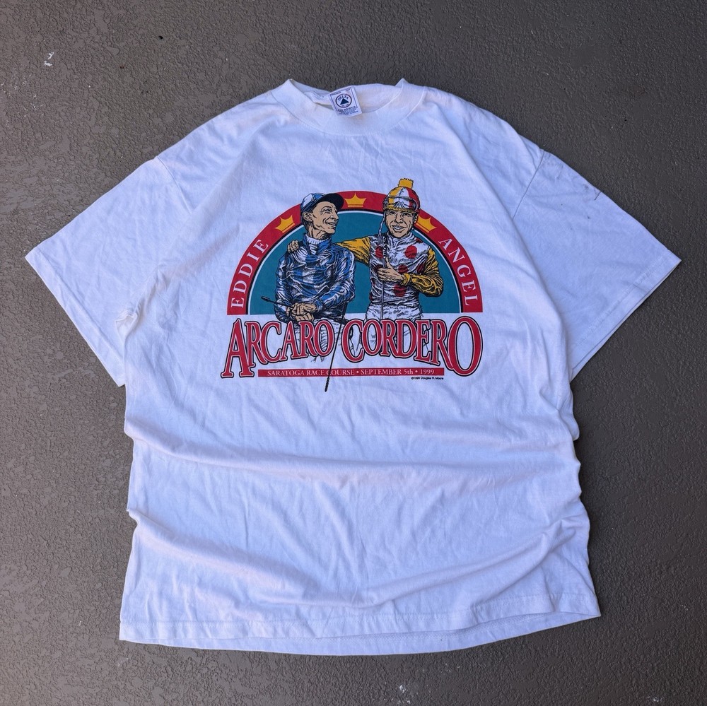 VTG 1999 Eddie Arcaro Angel Cordero Saratoga Race Course White T Shirt Men’s L