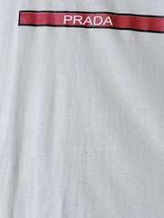 Prada Logo Mens XL Slim Fit Beige Graphic T Shirt Red Box Logo Cotton