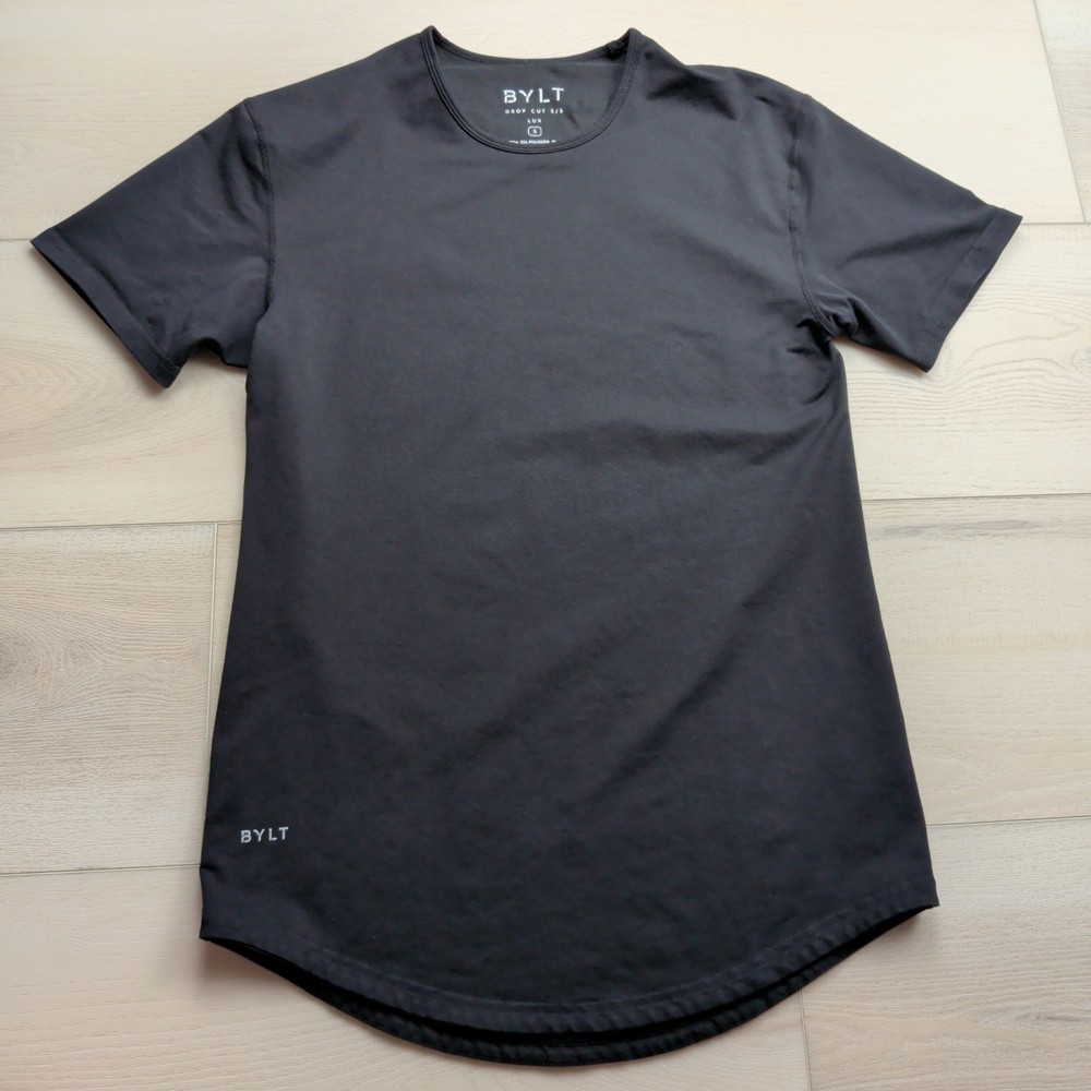 BYLT Drop Cut SS Lux T-Shirt Mens Small Black Curved Hem Athletic Tee
