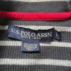 US Polo Assn Thermal Shirt Mens L Grey White Striped Long Sleeve Waffle Knit
