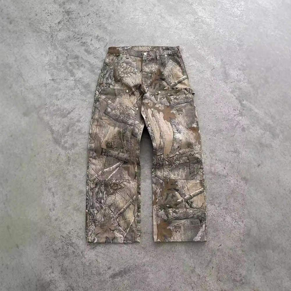 Woodland Camouflage Pants Belt Loops Outdoor Streetwear Casual Cargo Trousers