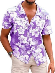 Men’s Hawaiian Floral Shirt Summer Casual Button Down Beach Vacation Top