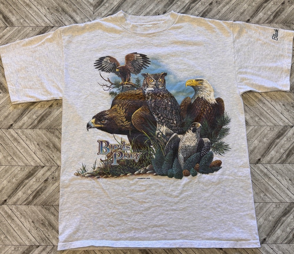 VTG Habitat T-Shirt Mens XL Gray Eagle Owl Nature Wildlife Animal Streetwear Y2K