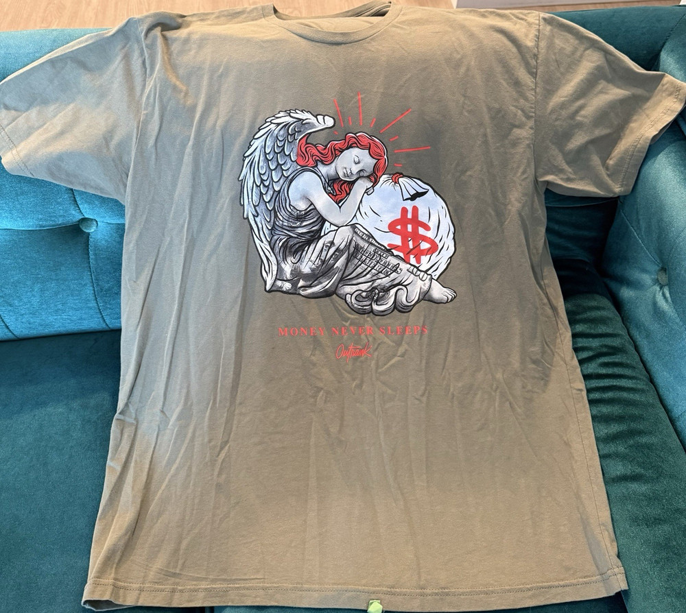 Outrank Men’s Gray Crew Neck Short Sleeve Angel Money Graphic T-Shirt, 2XL
