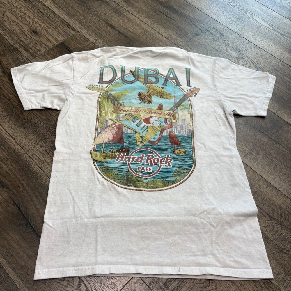 Hard Rock Cafe T Shirt Mens Medium Dubai Tan Graphic Back Print Short Sleeve
