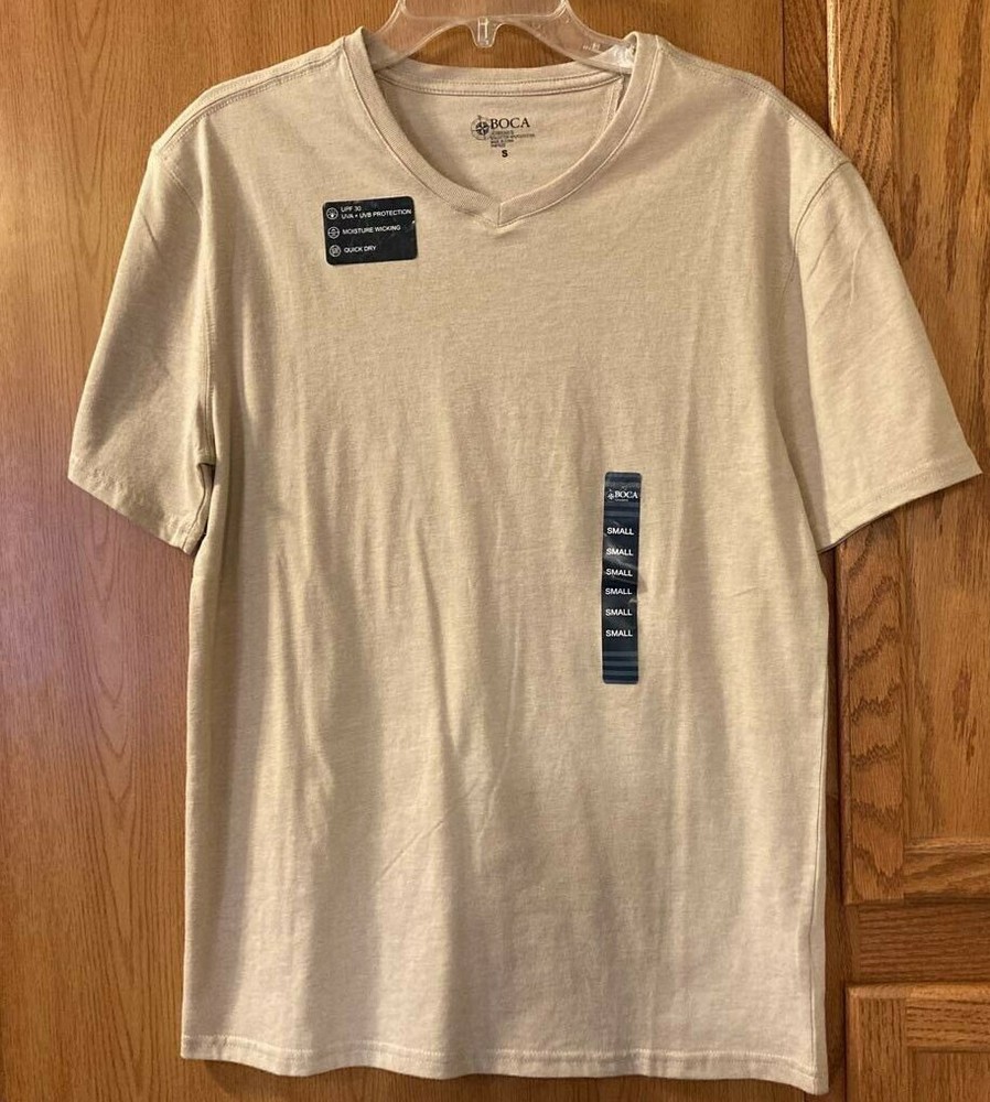 Boca Classics Mens Basic T-Shirt Beige Heathered V Neck Tee S New