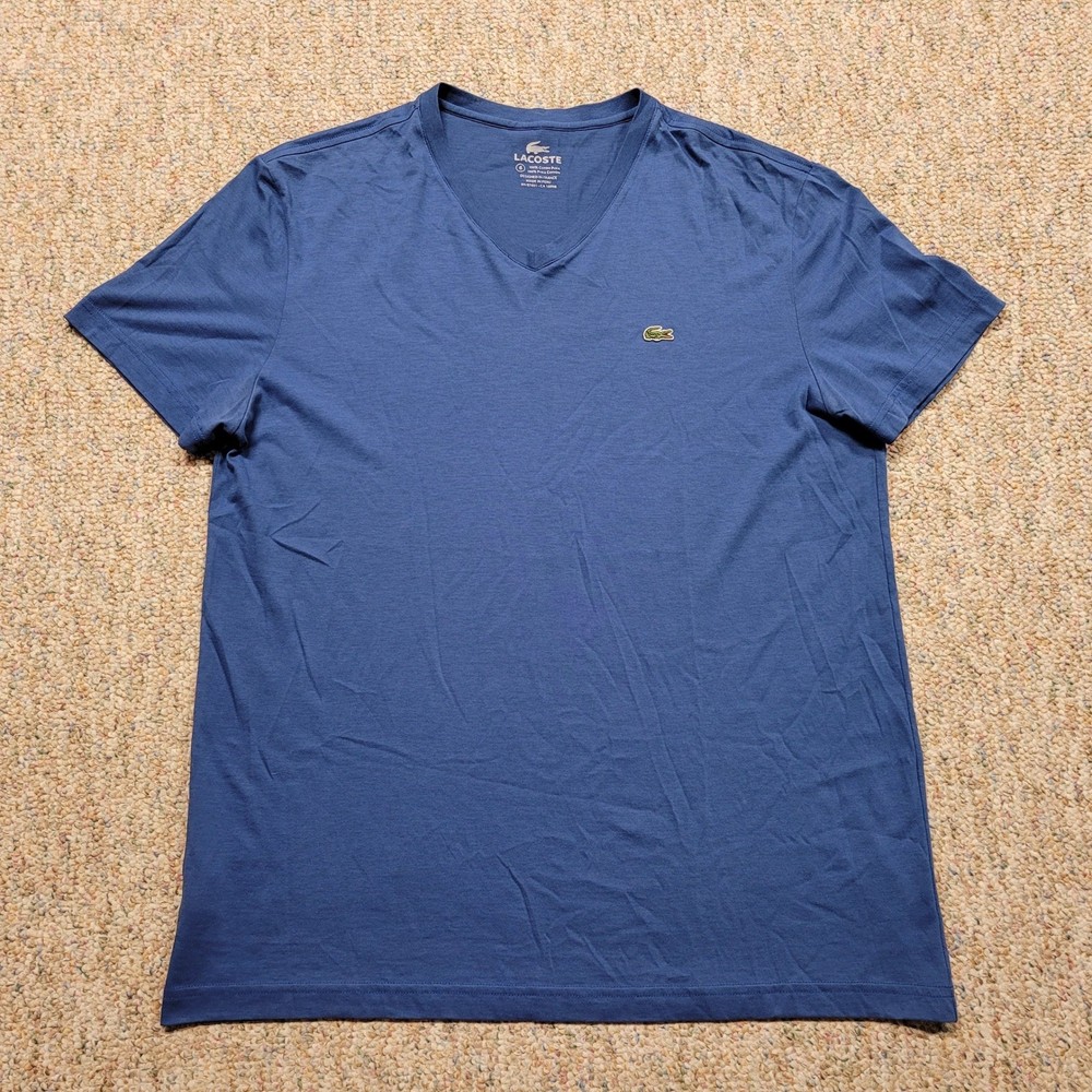 Lacoste T-Shirt Mens Size 6 Blue V-Neck Pima Cotton Short Sleeve Logo Tee