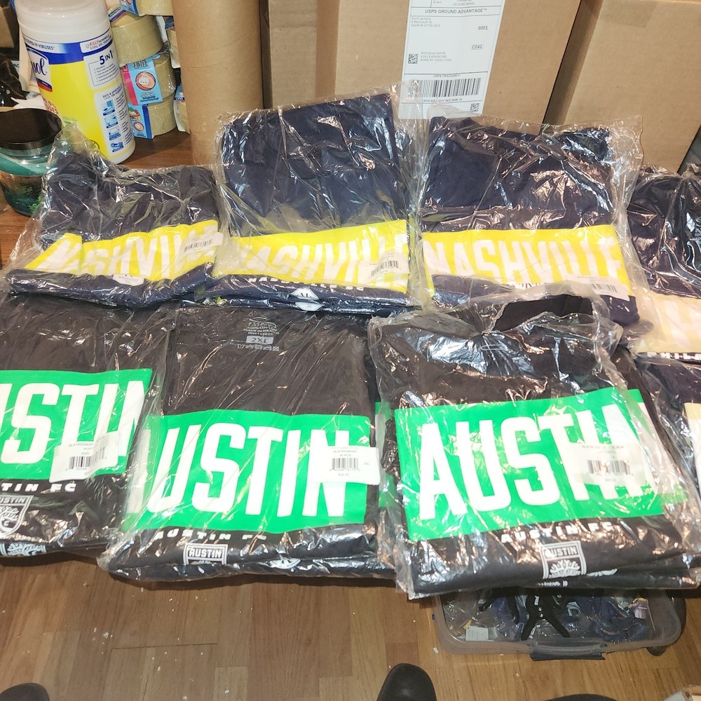 Lot of 25 NEW MLS Soccer T-Shirts, Various Sizes, Austin-Philly-Nashville