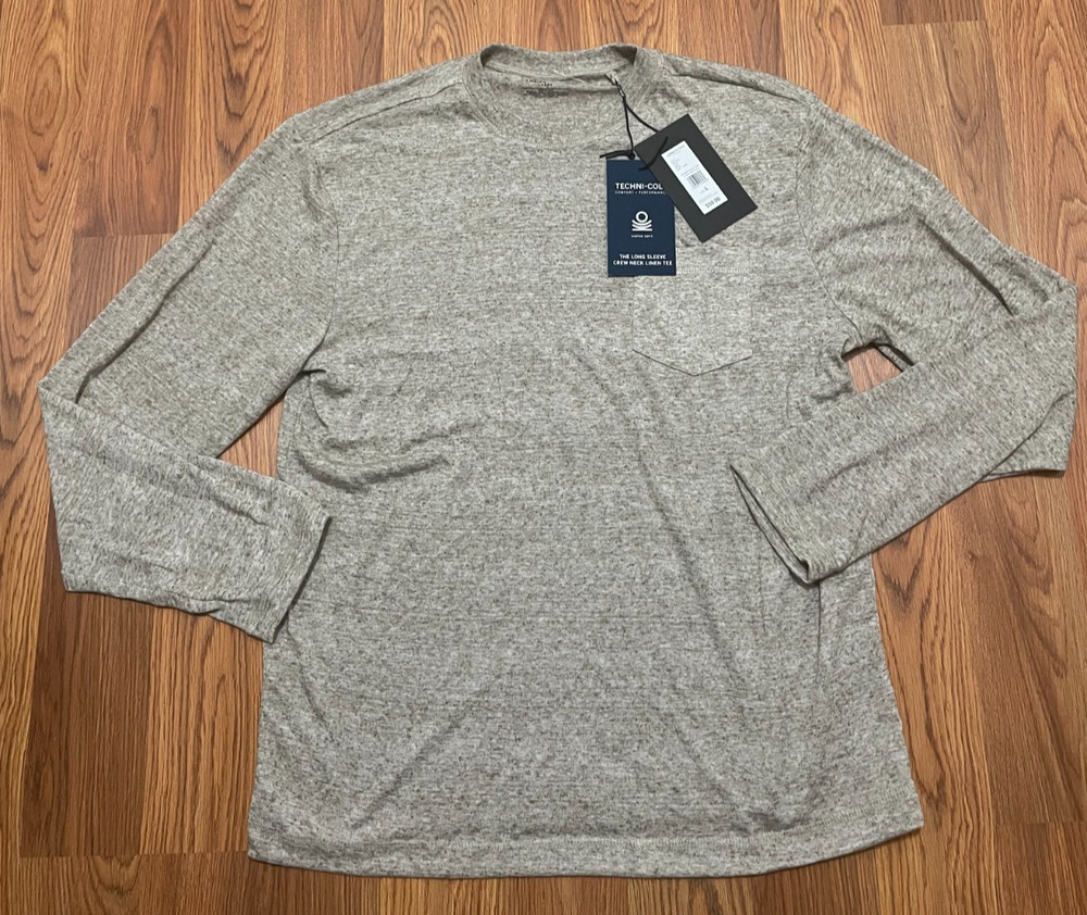 Kenneth Cole Techni-Co Long Sleeve Crew Neck Linen Tee Shirt Large Taupe Heather