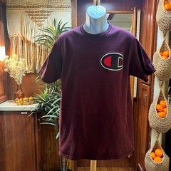 Vintage Champion Big C Logo T Shirt L Maroon Burgundy Y2K Streetwear Cotton Tee