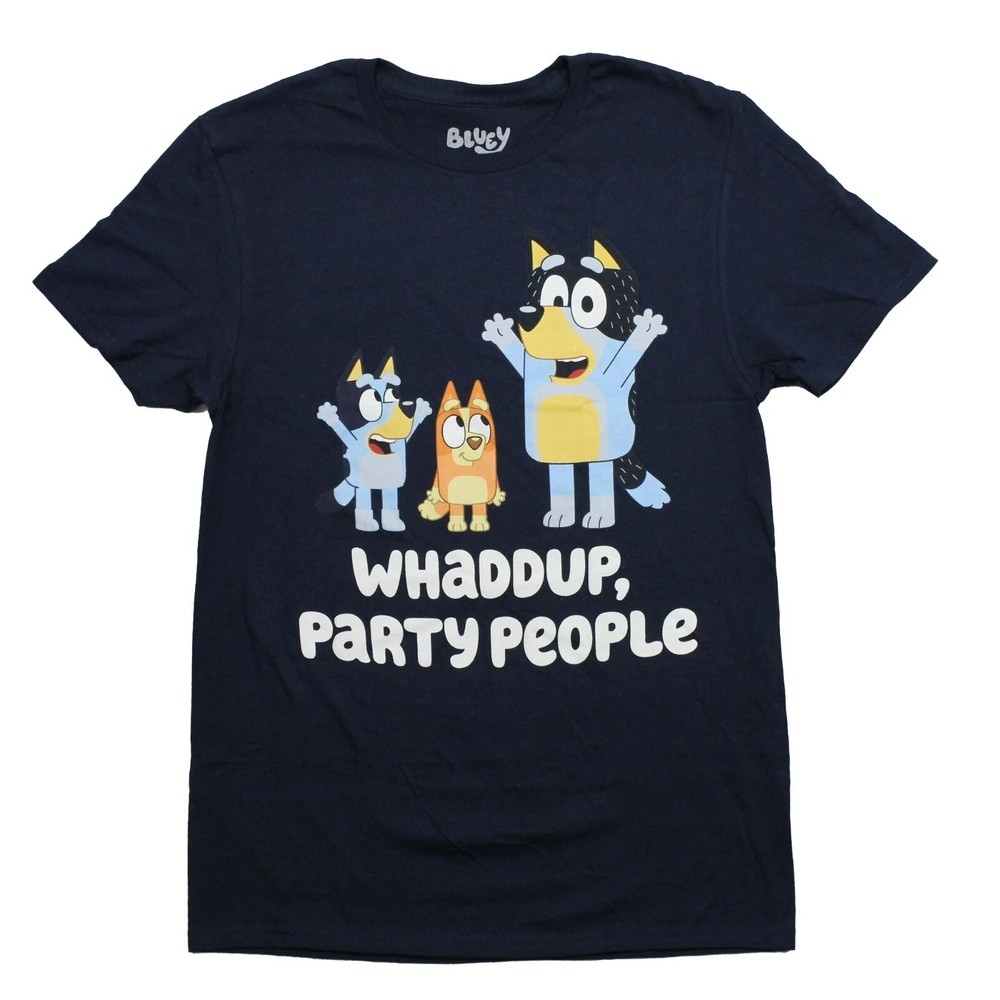 NEW – Bluey Adult T-Shirt – Bingo Bluey Whaddup, Party People – L, XL, 2XL, 3XL