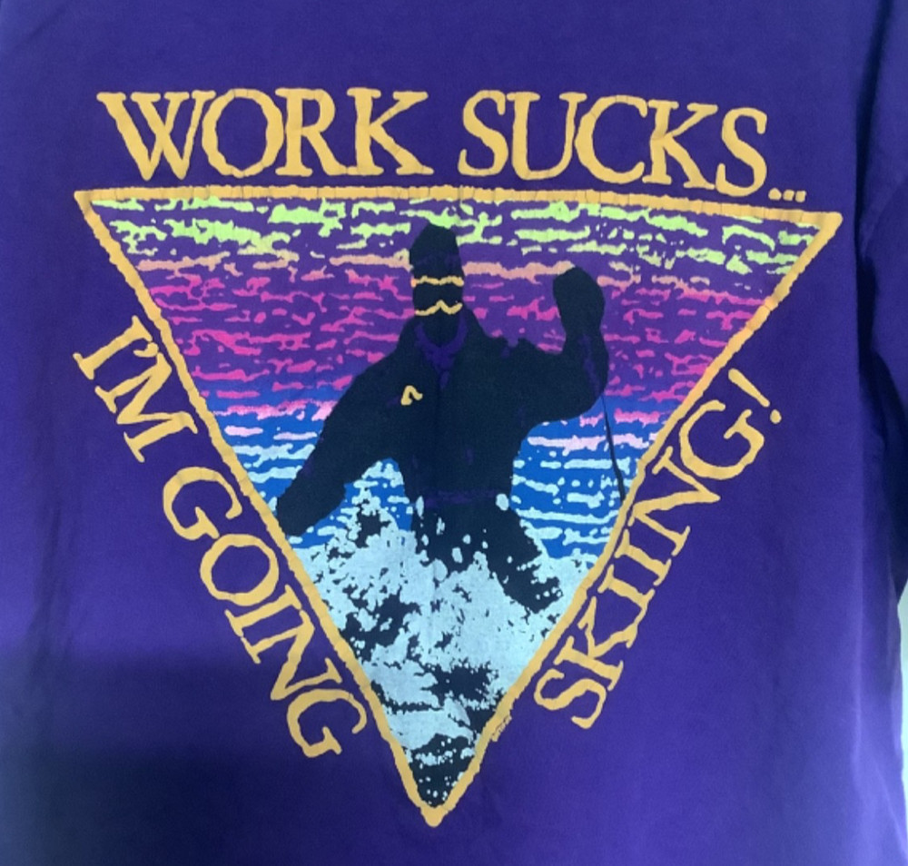Vtg Lee Big Bear Lake Graphic Tee WORK SUCKS IM GOING SKIING Sz L XL Purple USA