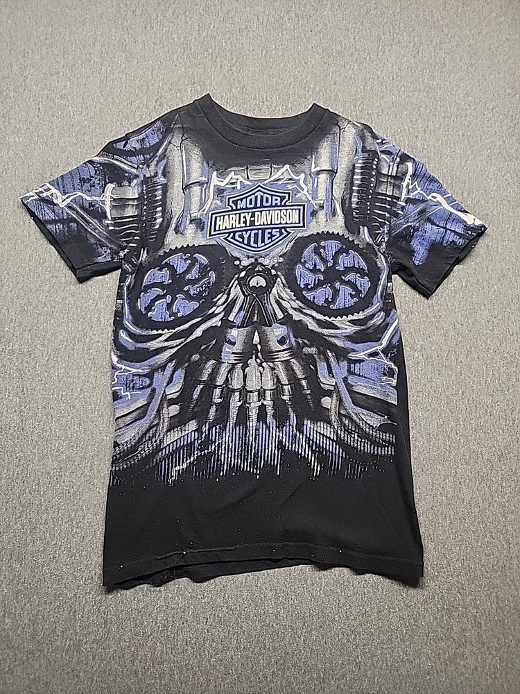 Vintage Harley Davidson Skull Shirt Mens Sz S All Over Print AOP Big Face USA