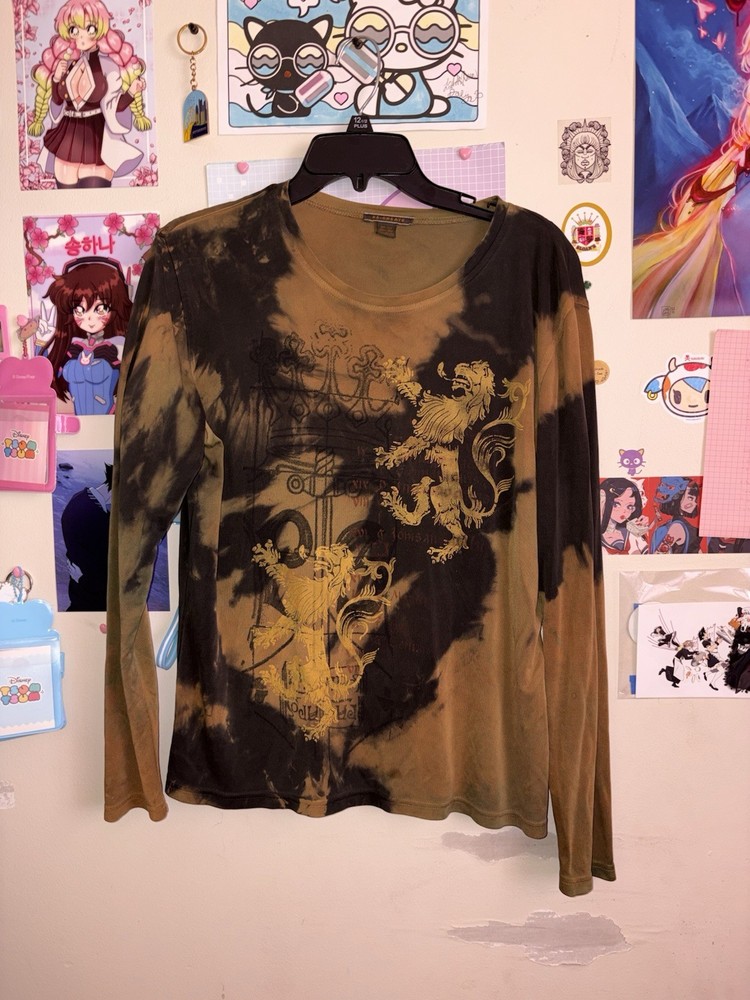 Re-Create One Size Silk Brown/Black Tie-Dye Graphic Long Sleeve Crew Tee