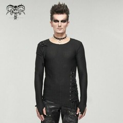 Devil Fashion Punk Men Mesh Tops Asymmetrical Hem Drawstring Decoration T-shirts
