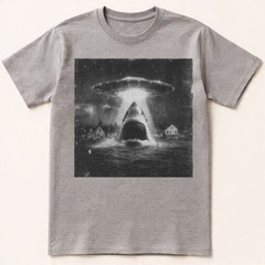 Funny Shark Abduction T-Shirt UFO Alien Vintage Art Sci-Fi Graphic Tee S-5XL