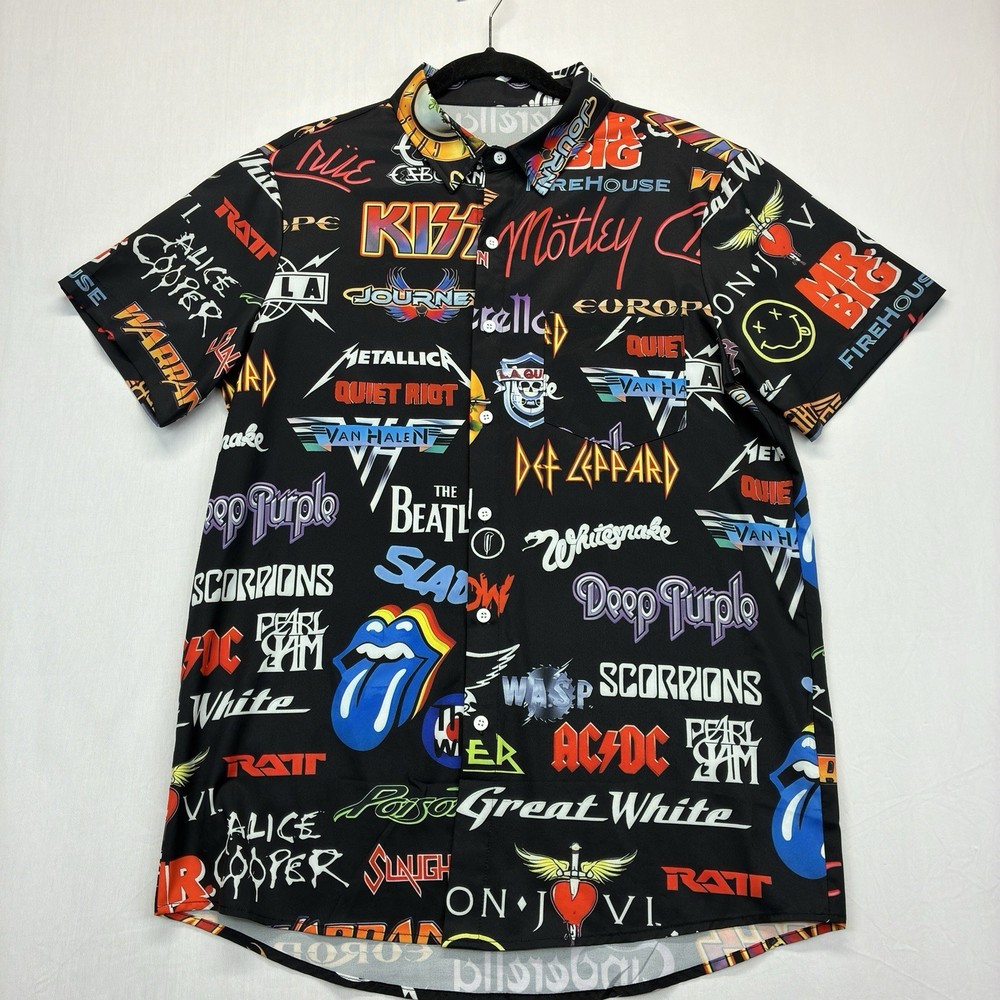 Rock Band Logo Button Up Shirt Men’s Small Black Graphic Short Sleeve