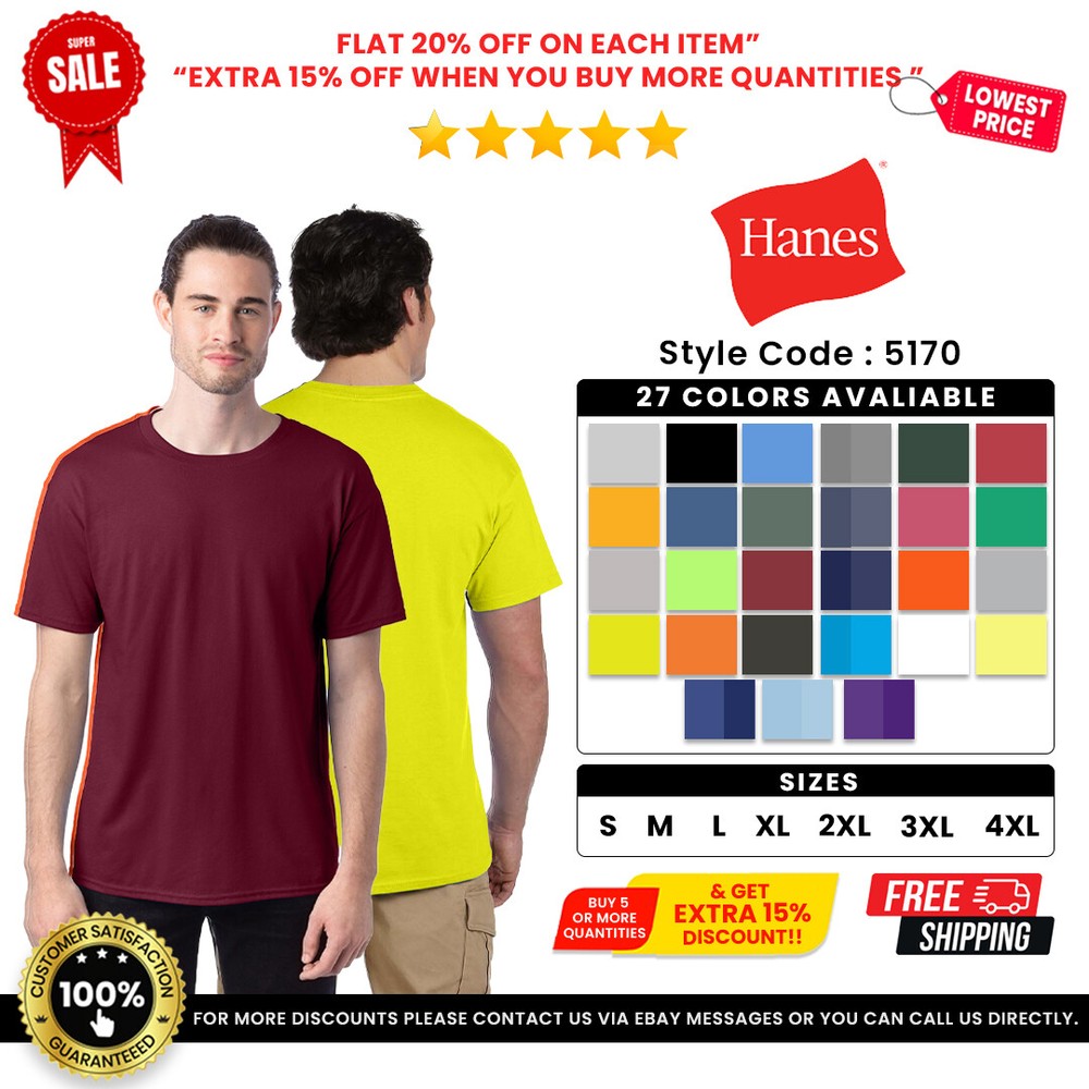 Hanes 5170 Unisex Cotton/Poly Short Sleeve Ecosmart Tshirt Crew Neck T-Shirt
