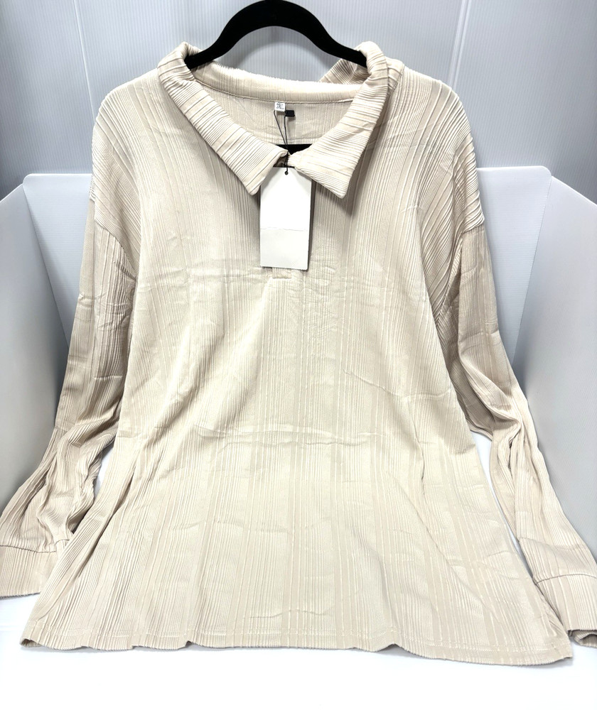 Mens Polo Collar Shirt Ribbed Pullover Solid Cream Off White Cozy Size 3XL New