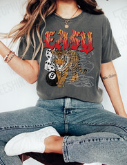 Tiger Graphic Tee, Flame 8 Ball Dice Shirt, Gothic Streetwear T Shirt, Y2K Tiger