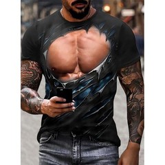 Men 3D Muscle Tattoo Print T-Shirt Short Sleeve Digital Printing Shirts Top Tees
