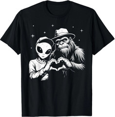 Bigfoot And Alien Love Hand Sign Funny Sasquatch T-Shirt