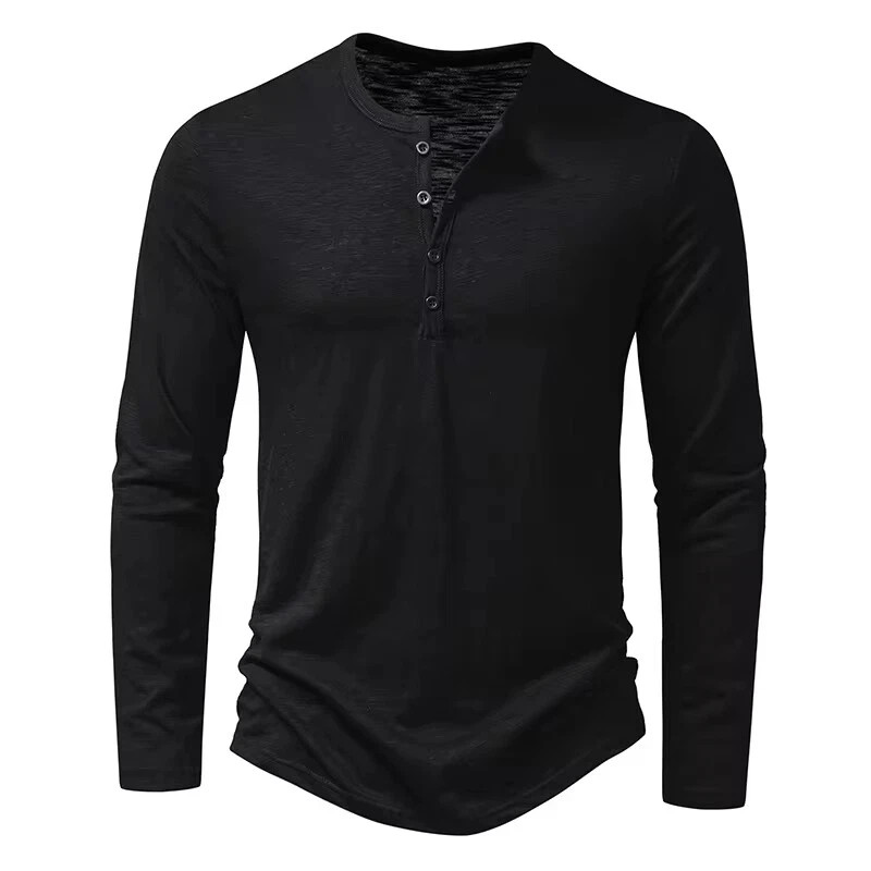 Men’s Shirt Cotton Henley Neck T-Shirts Long Sleeve Casual Button Plain 25% OFF